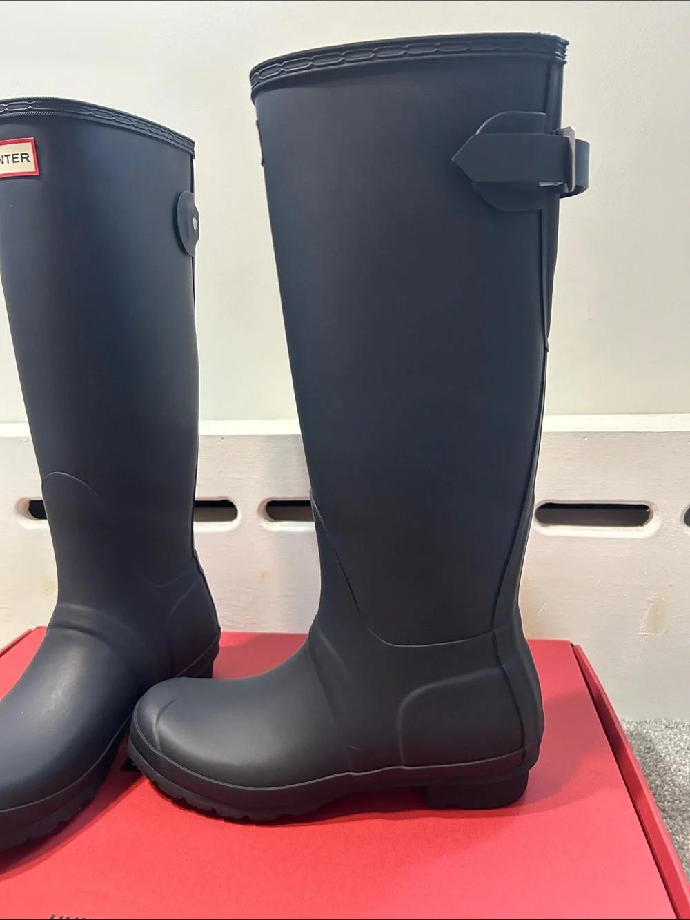 Women’s Tall Hunter Boots with Adjustable Back in matte Navy